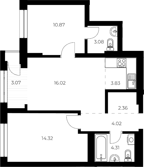 Планировка 3е-к. квартира 59.33 м² в ЖК «ОСКАР»