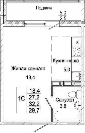 Планировка студии 27.20 м² в ЖК «Родина»