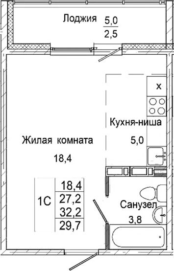 Планировка студии 27.20 м² в ЖК «Родина»