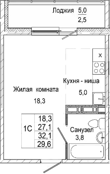 Планировка студии 27.10 м² в ЖК «Родина»