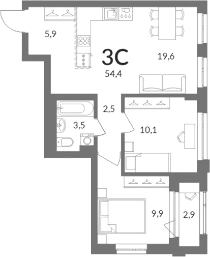 Планировка 3е-к.кв 51.46 м² в ЖК «Горская лагуна»
