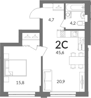 Планировка 2е-к.кв 45.60 м² в ЖК «Горская лагуна»