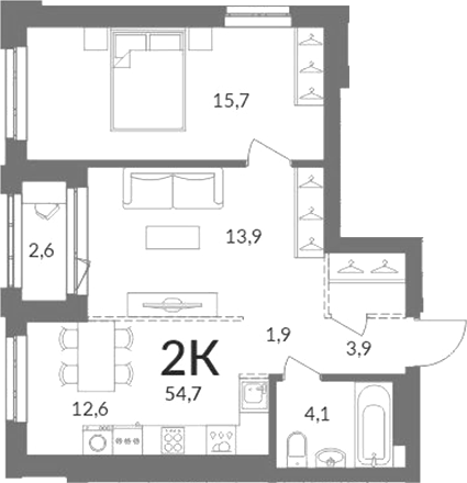 Планировка 2-к.кв 52.10 м² в ЖК «Горская лагуна»