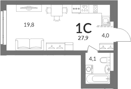 Планировка студии 27.90 м² в ЖК «Горская лагуна»