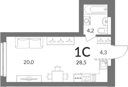 Планировка студии 28.50 м² в ЖК «Горская лагуна»