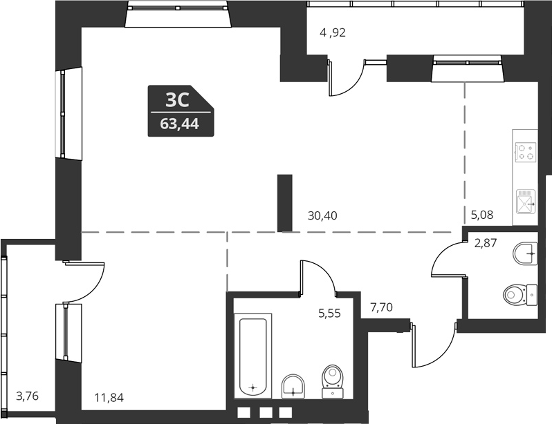 Планировка своб. план. 63.44 м² в ЖК «For Stars»