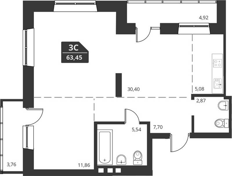 Планировка своб. план. 63.45 м² в ЖК «For Stars»