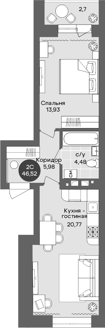 Планировка 2е-к.кв 45.17 м² в ЖК «Квартал на Российской»