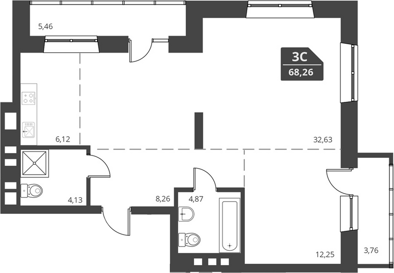 Планировка своб. план. 68.26 м² в ЖК «For Stars»