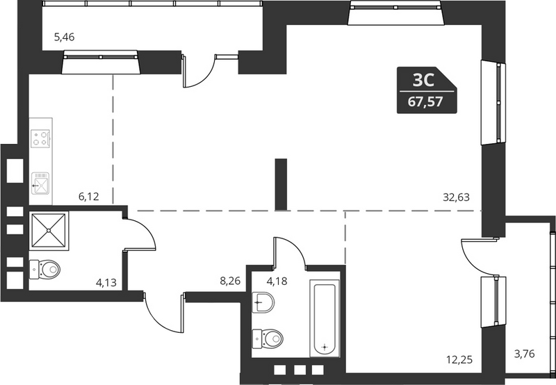 Планировка своб. план. 67.57 м² в ЖК «For Stars»