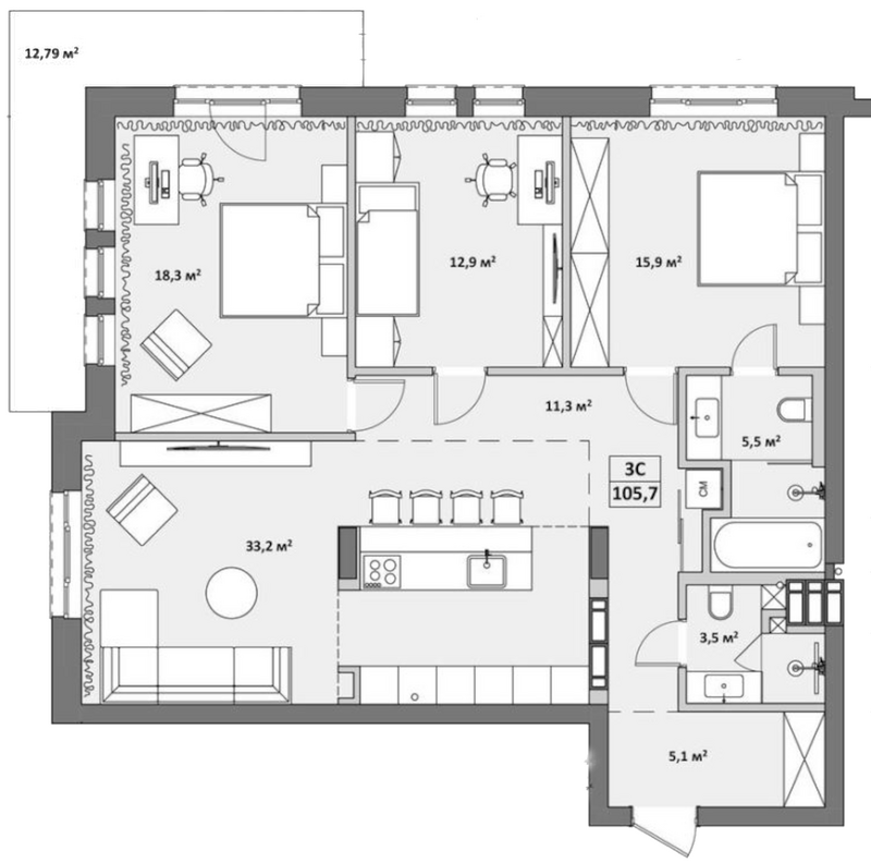 Планировка 4е-к.кв 114.66 м² в ЖК «Жуковка»