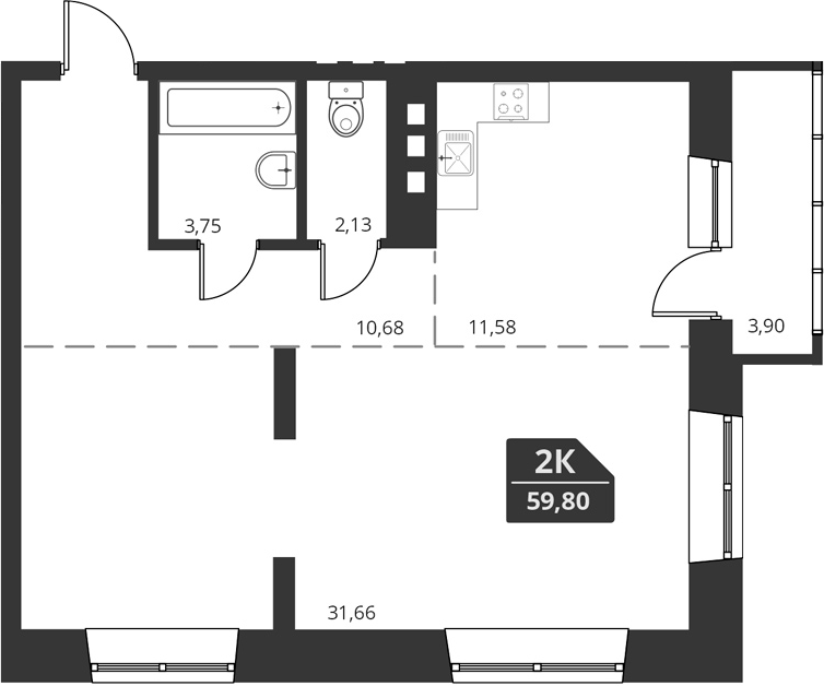 Планировка своб. план. 59.80 м² в ЖК «For Stars»