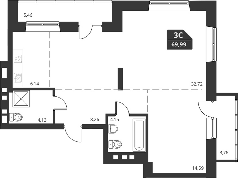 Планировка своб. план. 69.99 м² в ЖК «For Stars»