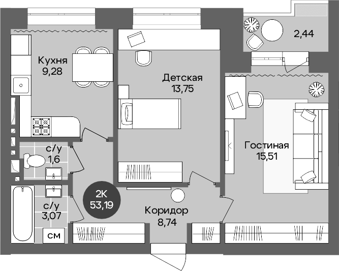 Планировка 2-к.кв 51.97 м² в ЖК «Квартал на Российской»