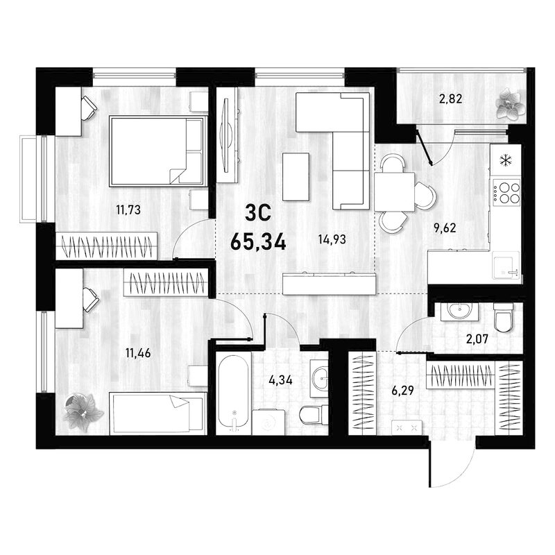 Планировка 3е-к.кв 65.34 м² в ЖК «Оптимисты»