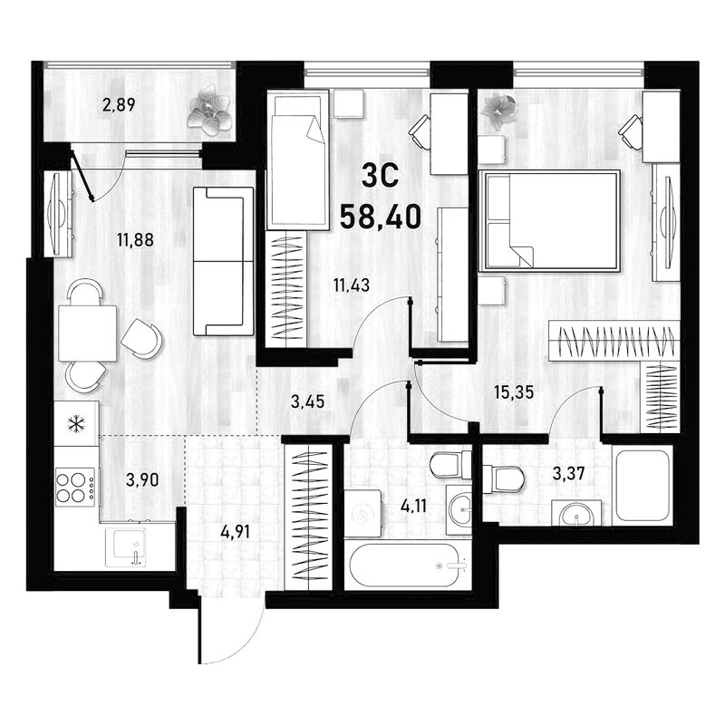 Планировка 3е-к.кв 58.40 м² в ЖК «Оптимисты»