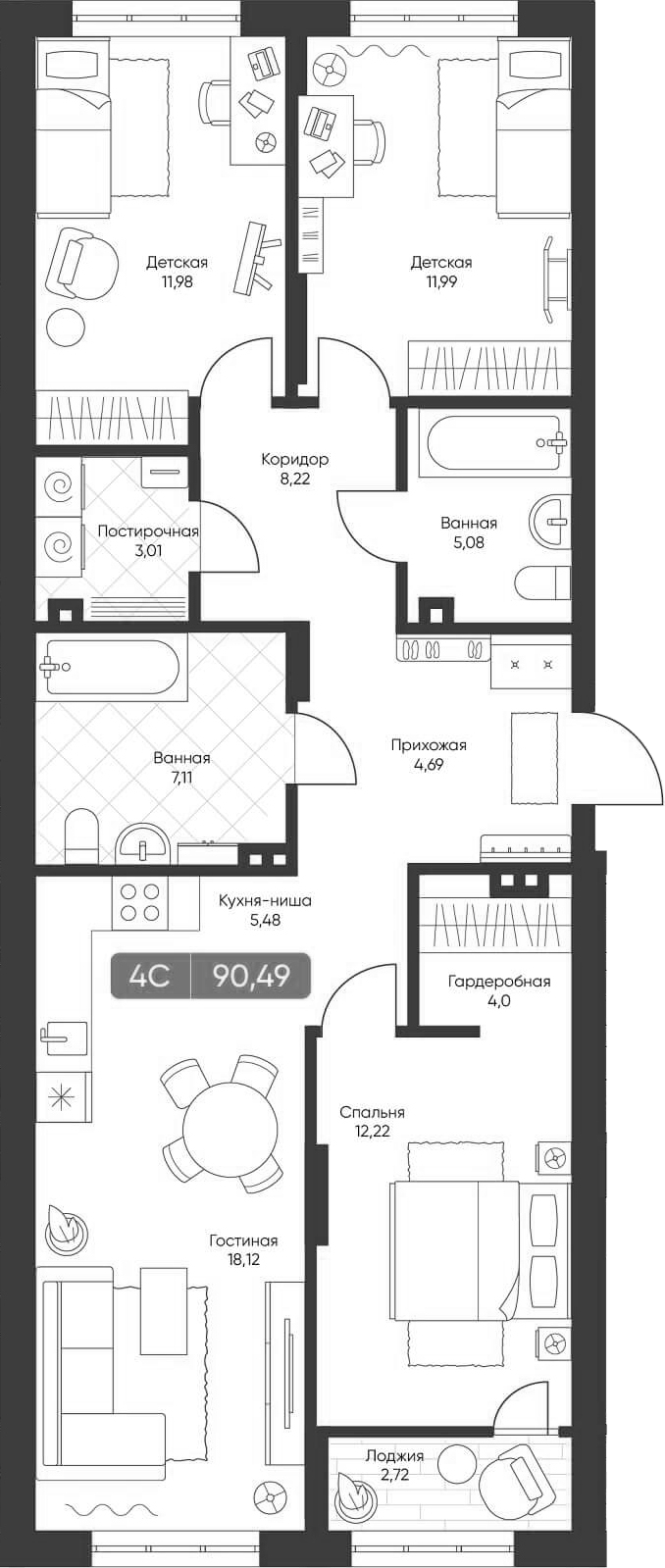 Планировка 4е-к.кв 89.50 м² в ЖК «Биография»