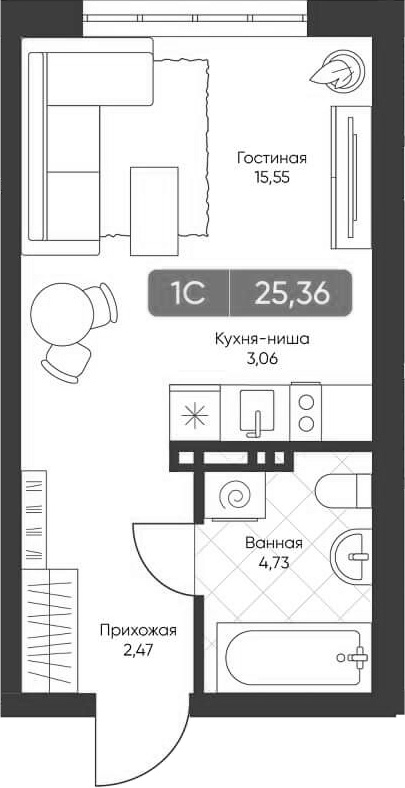 Планировка студии 25.08 м² в ЖК «Биография»