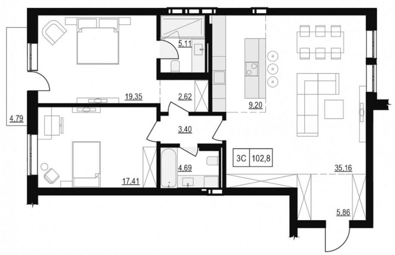 Планировка 3е-к.кв 106.16 м² в ЖК «Жуковка»