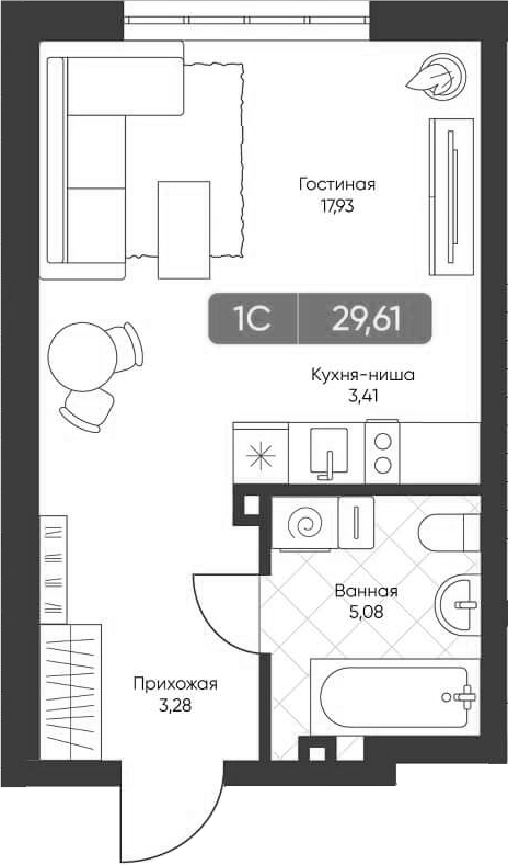 Планировка студии 29.21 м² в ЖК «Биография»