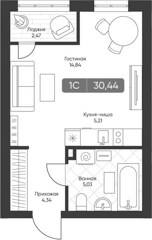 Планировка студии 29.02 м² в ЖК «Биография»