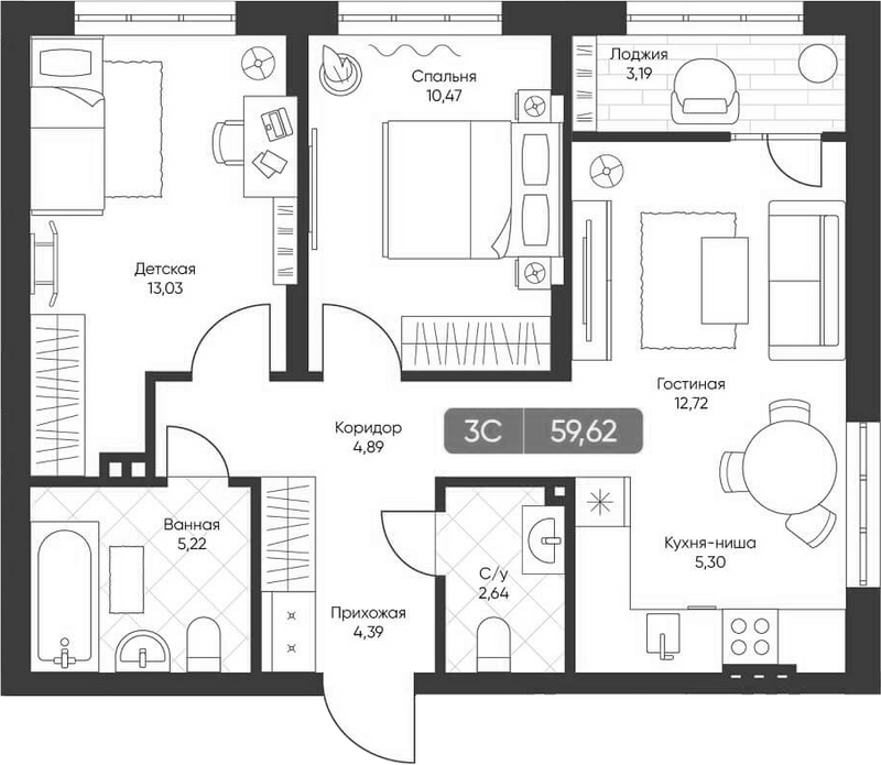 Планировка 3е-к.кв 57.53 м² в ЖК «Биография»
