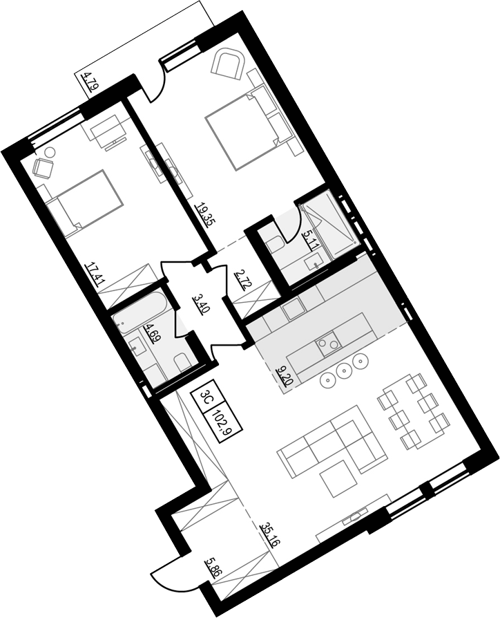 Планировка 3е-к.кв 106.16 м² в ЖК «Жуковка»