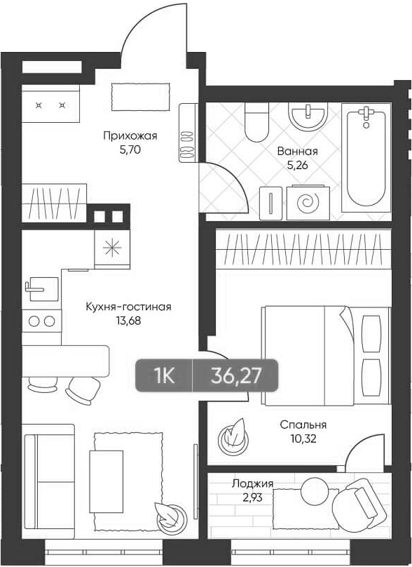Планировка 1-к.кв 34.75 м² в ЖК «Биография»