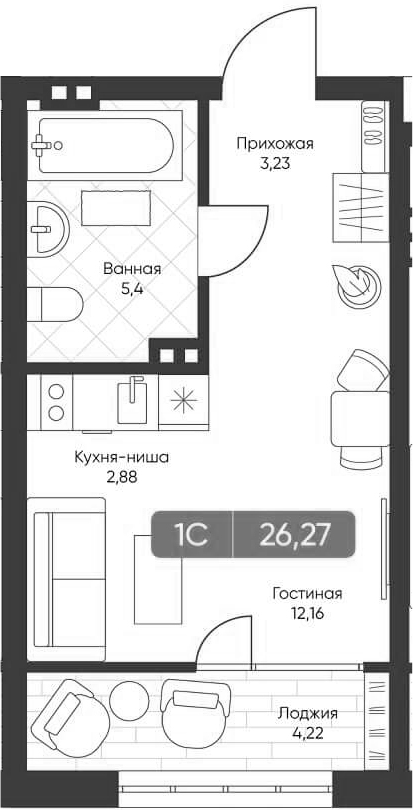 Планировка студии 23.87 м² в ЖК «Биография»