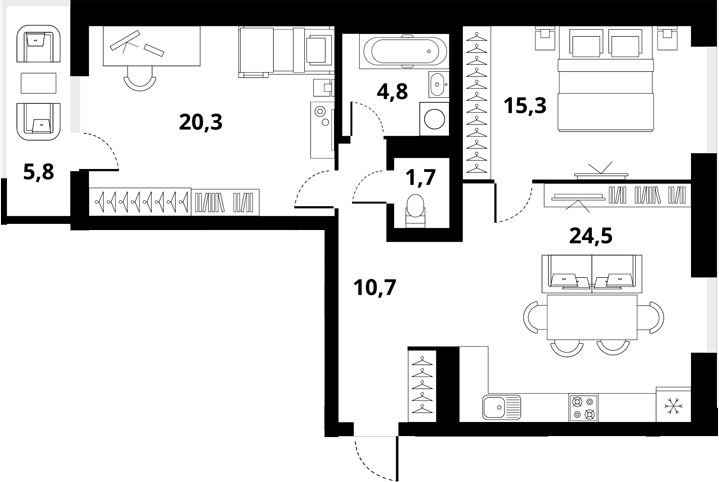 Планировка 3е-к.кв 77.30 м² в ЖК «Тайгинский парк»
