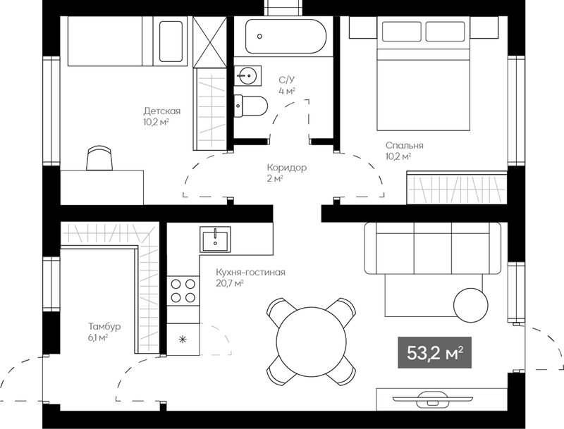 Планировка коттеджи 53.20 м² в ЖК «Коттеджный поселок Сердце Сибири»