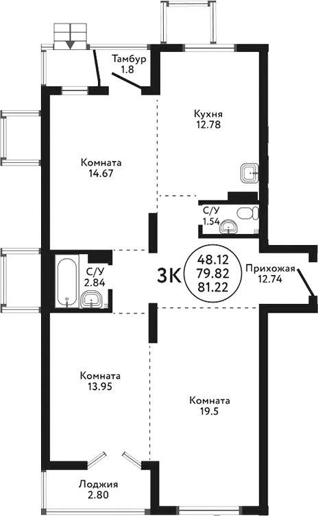 Планировка 3-к.кв 78.02 м² в ЖК «Экополис»