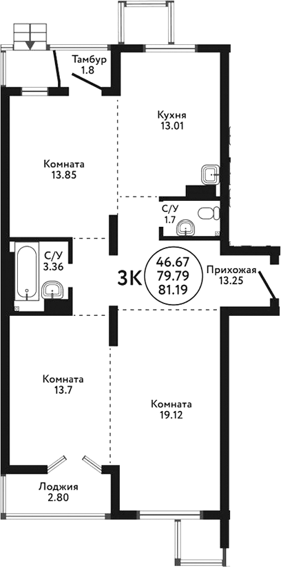 Планировка 3-к.кв 81.69 м² в ЖК «Экополис»