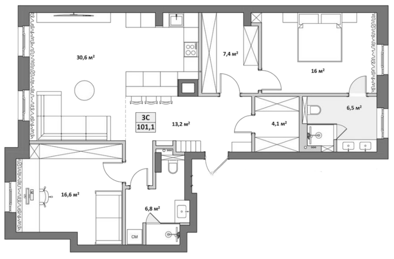 Планировка 3е-к.кв 101.10 м² в ЖК «Жуковка»