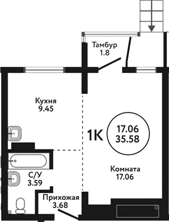 Планировка 1-к.кв 33.78 м² в ЖК «Экополис»