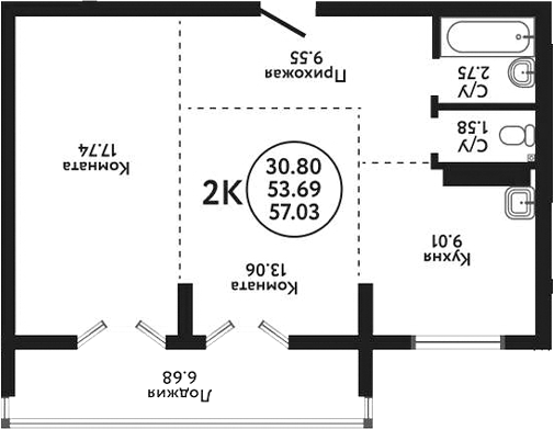 Планировка 2-к.кв 53.69 м² в ЖК «Экополис»