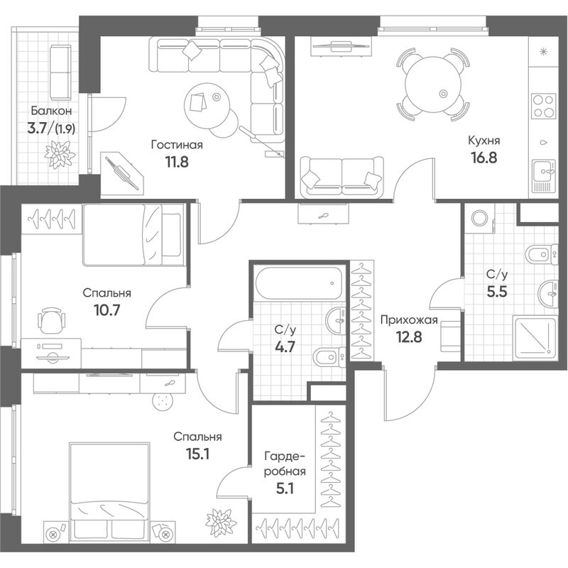 Планировка 3-к.кв 82.50 м² в ЖК «Счастье в Кольцово»