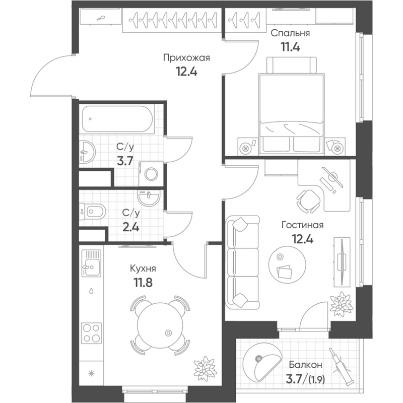 Планировка 2-к.кв 53.90 м² в ЖК «Счастье в Кольцово»