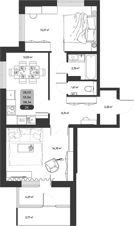 Планировка 2-к.кв 55.06 м² в ЖК «ПараПарк. Томск»