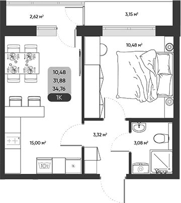 Планировка 1-к.кв 31.87 м² в ЖК «ПараПарк. Томск»