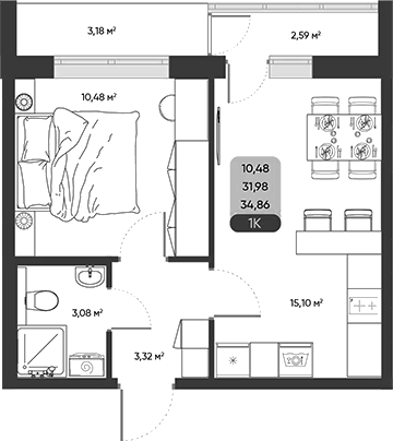 Планировка 1-к.кв 31.97 м² в ЖК «ПараПарк. Томск»