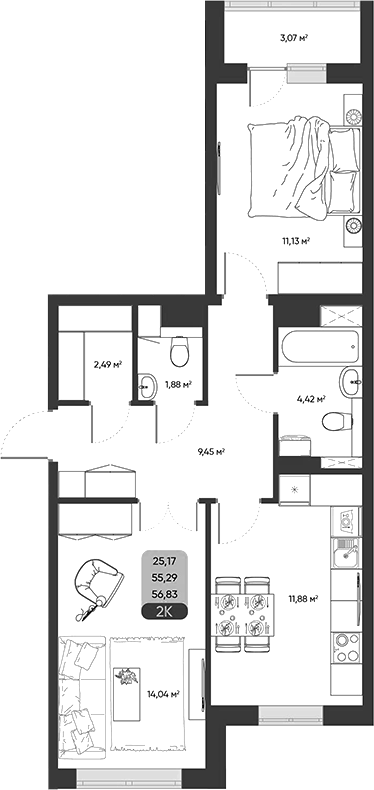 Планировка 2-к.кв 55.29 м² в ЖК «ПараПарк. Томск»
