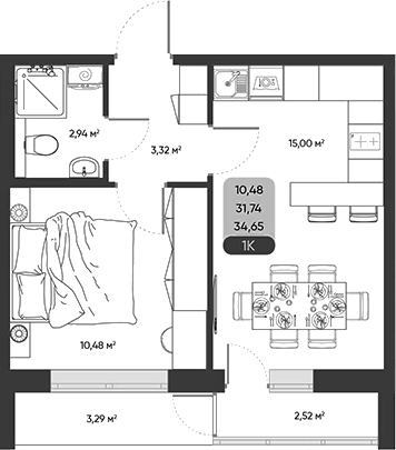 Планировка 1-к.кв 31.74 м² в ЖК «ПараПарк. Томск»