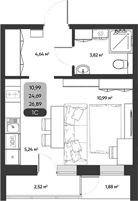 Планировка студии 24.69 м² в ЖК «ПараПарк. Томск»