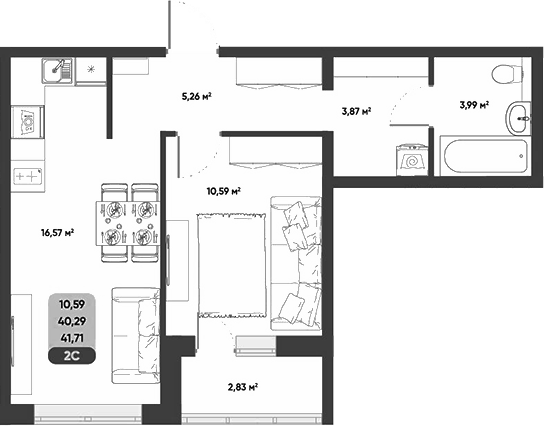 Планировка 2е-к.кв 40.29 м² в ЖК «ПараПарк. Томск»
