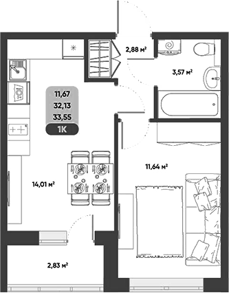 Планировка 1-к.кв 32.13 м² в ЖК «ПараПарк. Томск»