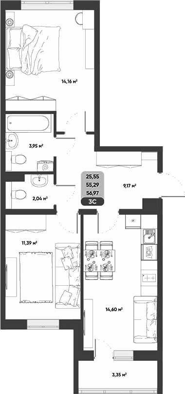 Планировка 3е-к.кв 55.29 м² в ЖК «ПараПарк. Томск»