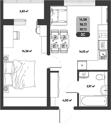 Планировка 2е-к.кв 38.31 м² в ЖК «ПараПарк. Томск»