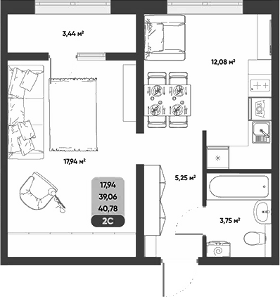 Планировка 2е-к. квартира 39.06 м² в ЖК «ПараПарк. Томск»
