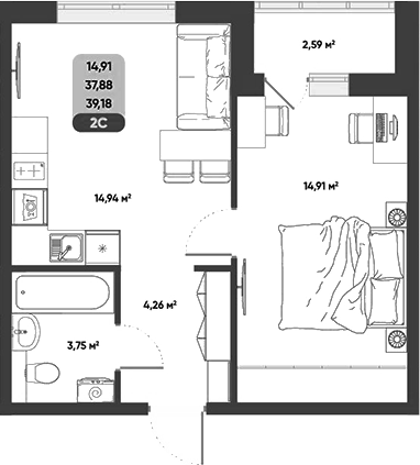 Планировка 2е-к. квартира 37.88 м² в ЖК «ПараПарк. Томск»